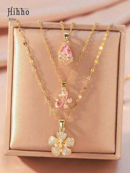 Hihho 3pcs/Set Fashionable Multifunction Sparkling Cubic Zirconia Flower, Butterfly, Water Drop Pendant Necklace Set, Stylish Party Gift, Wear Alone Or Layer, Elegant For Daily Wear - Size one-size