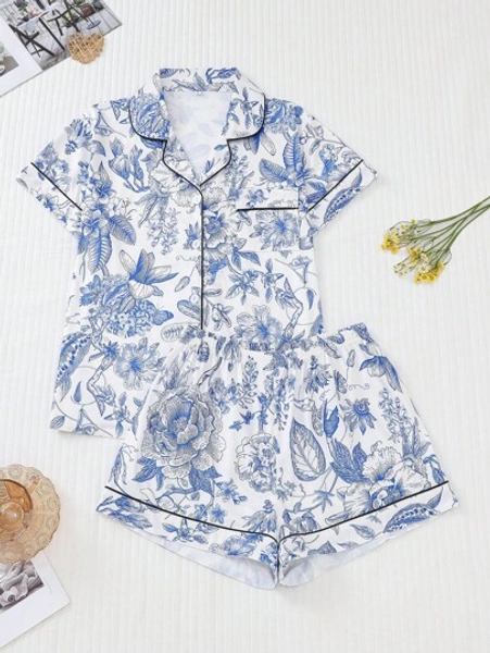2pcs Floral Print Loungewear Set For Women, Includes Short Sleeve Collared Cardigan Top And Elastic Waist Shorts, Casual Sleepwear And Homewear, Two Pieces Set