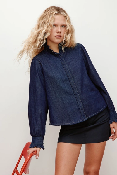 Ruffle-Trimmed Denim Blouse - Dark denim blue - Ladies | H&M US