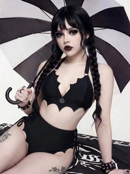 ROMWE 2026SS Black Gothic Style Asymmetric Beach Vacation Swimwear Set For Women - Size L