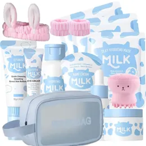 Milk Skin Care Set - 14PCS Milk Skin Care for Kids Ages 8-12 with Cleanser, Toner, Serum, Eye Cream, Face Cream, Sunscreen, Facial Masks - Deep Hydrating, Smooth & Delicate Skin for Girls & Women