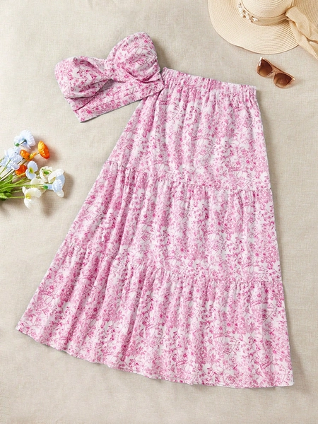 Soleia 2pcs/Set Women Ditsy Floral Halter Top And Mini Skirt Suit, Vacation Outfit