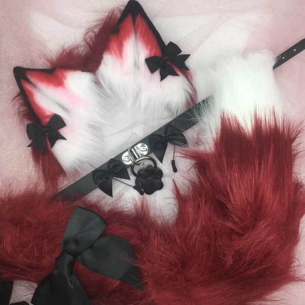 Burgundy Red / Black Cosplay Kitten Cat headband Ears Tail Choker Collar Paw Costume Halloween necklace Fox wolf puppy dog