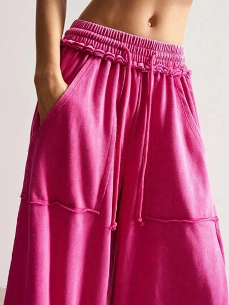 Bohemela Bohemela Casual Knitted Fried Snowflake Solid Color Patchwork Loose Wide-Leg Washed Women's Pants Pink Pants Women Hot Pink Pants Pants With Pockets Elastic Waist Pants Wide Leg Pants