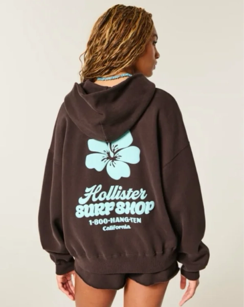 Hollister Feel Good Easy Zip-Up Logo Graphic Hoodie