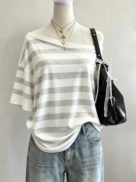 Lalippa Striped Digital Print Fashion Minimalist Casual Women's Round Neck T-Shirt, Gift For Friends Brunch Everyday White Summer