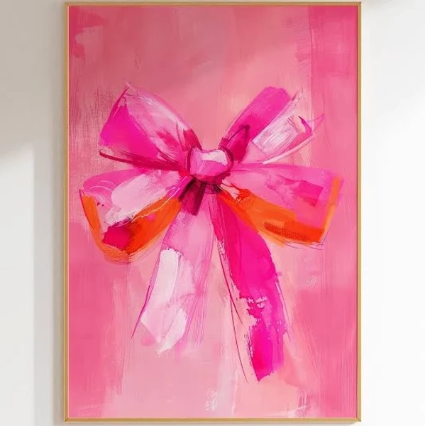 pink bow preppy prints girls bedroom artwork, girly prints dorm room decor cute, trendy pink print girl nursery decor aesthetic wall art