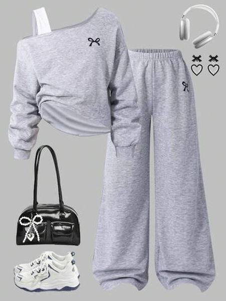 2pcs/Set Tween GirlsCasual Sweatshirt Set, Asymmetric Collar Shoulder Strap Patchwork Cropped Butterfly Print Top + Matching Elastic Waist Straight Pants, Autumn/Winter