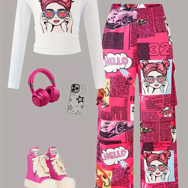Highly Rated Girls' Cool Streetwear Cartoon Iron-On Top + Side Pocket Straight-Leg Cargo Pants Spring/Autumn Set (Accessories Not Included) - School Uniform, Teen Girl Clothes for School, Back-to-School Outfits, Tween Girl Apparel, Perfect for Outdoor, Girl Clothe Set, Girl Clothe 2, Girl Clothe 3, Ensemble Enfant Fille, School Clothes For Girls, School Uniform For Girls, Clothe For Girl