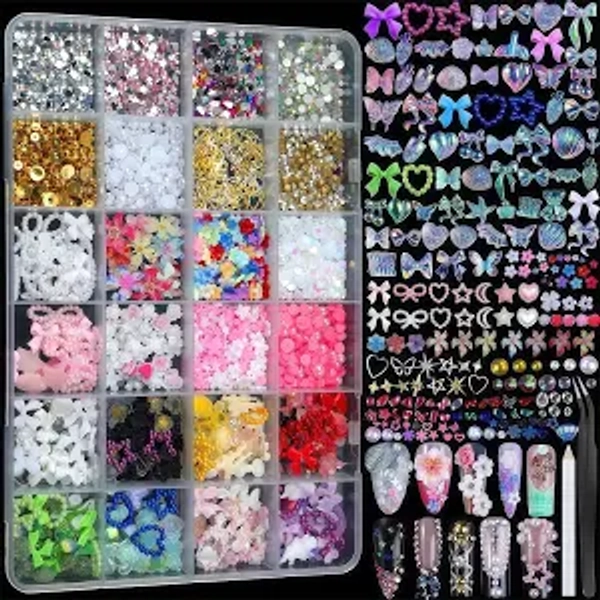 24 Grid Nail Charms Kit, Complete Nail Art Set with 3D Nail Gems for Beginners, Nail Techs, Artists for DIY Nail Design, Salon Manicures, Crafts (
