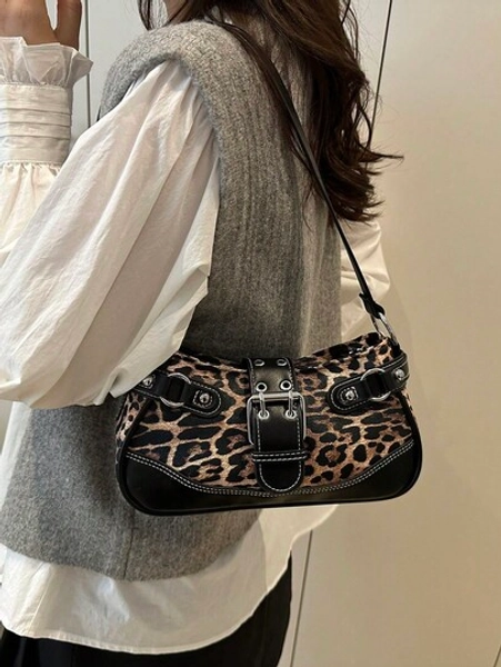 Minimalist Chic Leopard Print Shoulder Bag For Women, Vintage Y2K Crescent Underarm Bag, Stylish Small Designer Handbag
