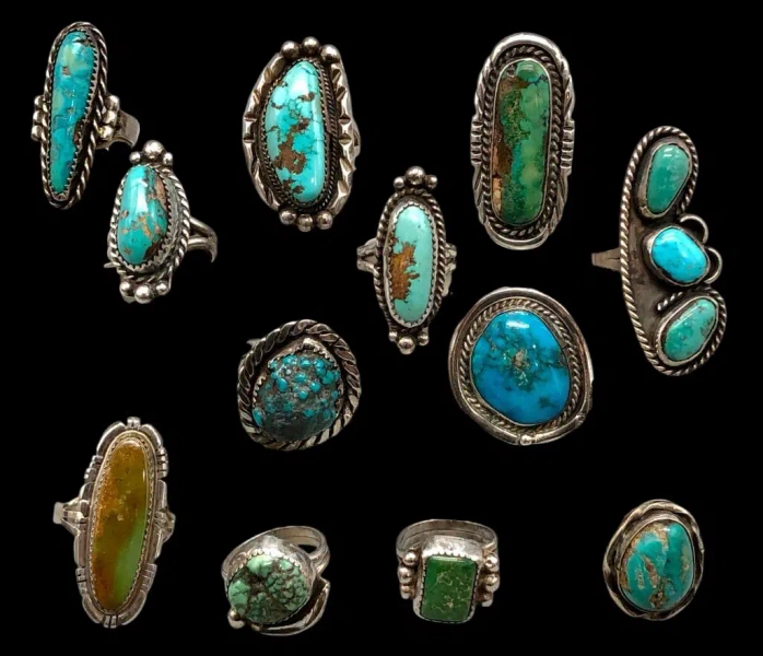 12 Vintage Turquoise And Sterling Silver Rings - New Old Stock