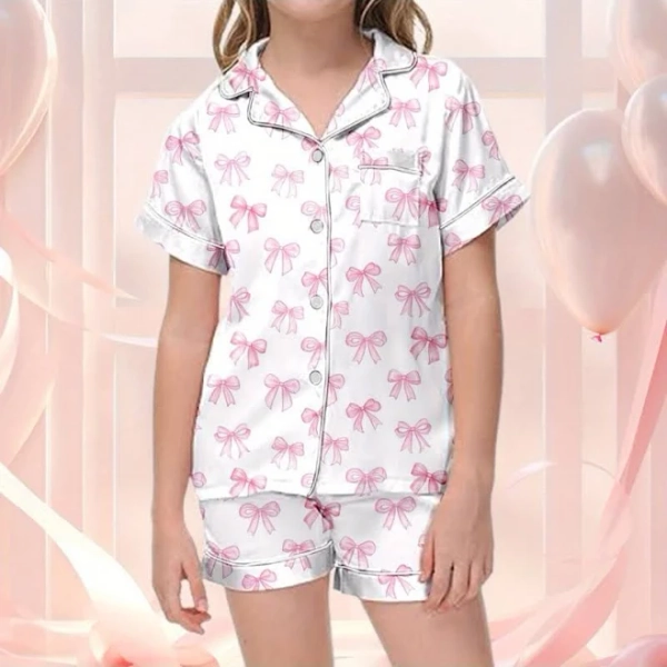 Girls' Silky-Like Pajama Set with Bow & Skeleton Print