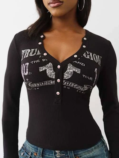 True Religion Women's Ribbed Faded Logo Henley Shirt