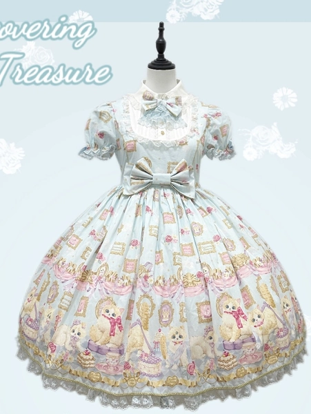 Discovering Treasure Picture Frame Cat Printed Lolita Dress