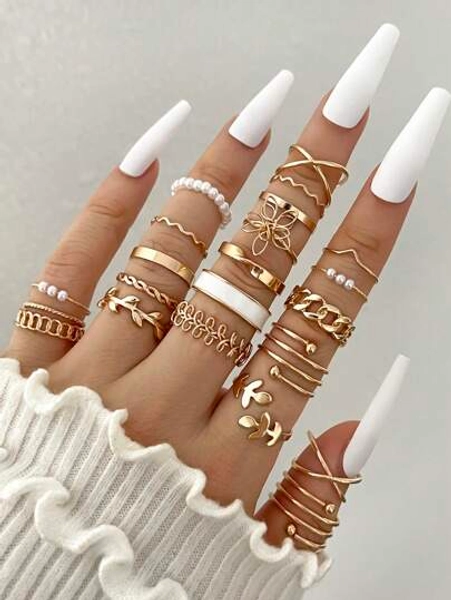 22pcs/Set Flower Pearl & Leaf Design Metal Knuckle Midi Rings, Creative Geometric Joint Rings For Women, Suitable For Daily, Wedding, Party, Holiday, Beach Vacation, Gift For Girlfriend, Mother, Friend