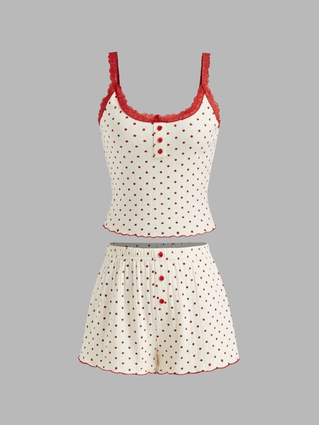 Knit Fabric 100% Cotton U-neckline Polka Dot Lace Trim Cami Top & Mid Rise Shorts Loungewear Set For Home Bedroom