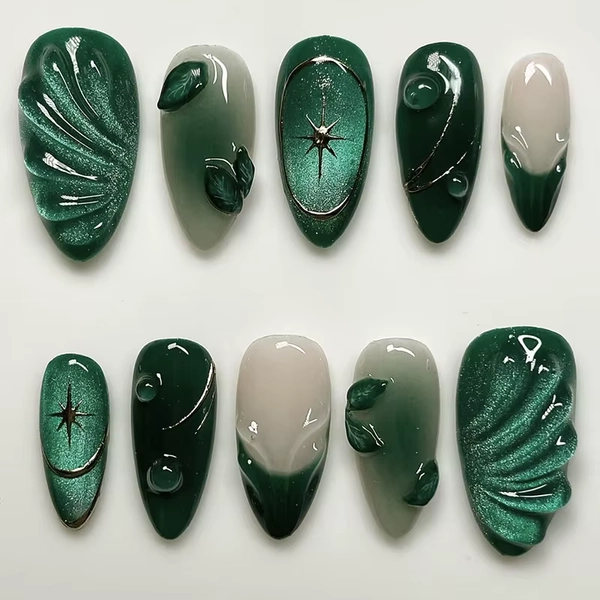 24Pcs 3D Green Ripple Design False Nails Cat's Eye French Almond Fake Nail Tips Leaves Pattern Removable Oval Press on Nails - AliExpress 