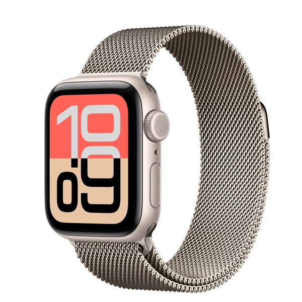 Apple Watch SE 3 GPS + Cellular • Caja de aluminio blanco estelar de 40 mm • Correa estilo milanés color natural