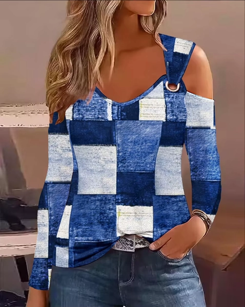 Fashion Woman Blouse 2023 Spring Denim Look Print Cold Shoulder Eyelet Casual Long Sleeve Daily T-Shirt Top Y2K Clothes - AliExpress 200000345