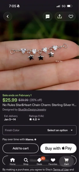 No Rules Star&Heart Chain Charm: Sterling Silver Helix Industril Conch Cartilage Wrap Chain, Dangle Nose Piercing DIY Chain Gold, 25cm 35cm