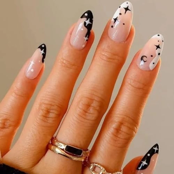 GLAMERMAID Black Press on Nails Medium Almond, Emo Crush Jelly Gel Gothic Stiletto False Glue on Nails Kit with Moon Star Desgin for Women, Reusable Short Oval Stick on Acrylic Fake Nail Manicure Set