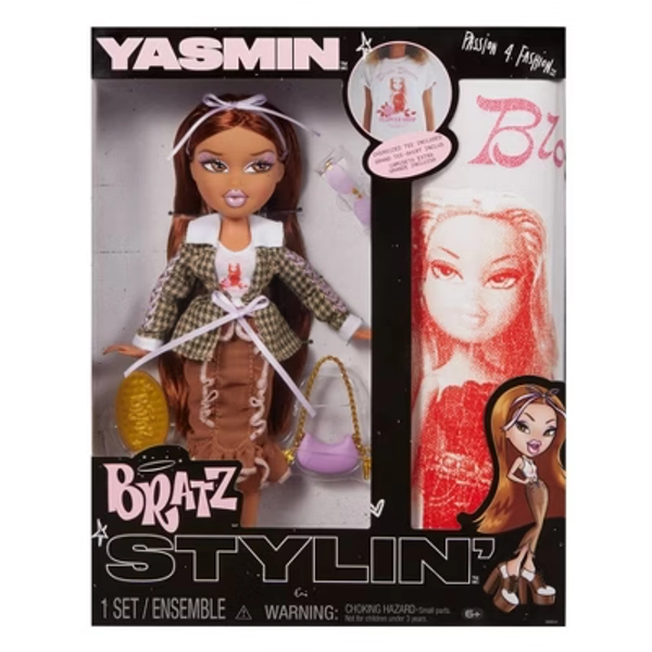 Bratz Stylin' Yasmin Fashion Doll with Accessories and Customizable T-Shirt for You: Articulated Figure, Fine Motor Skills Focus, PVC, Polyester