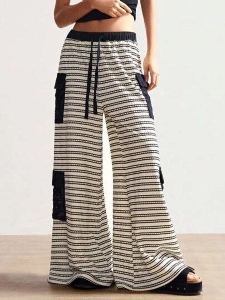 Bohemela Casual Knitted Striped Patchwork Loose Wide Leg Pants For Women