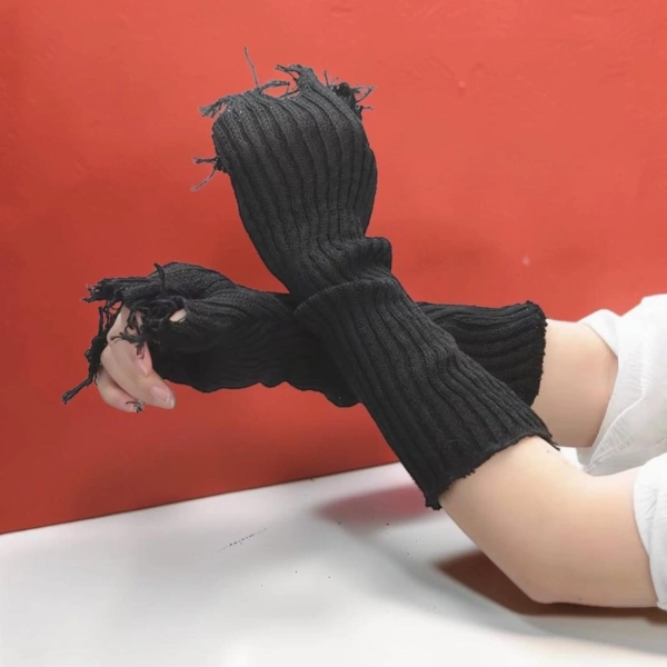Distressed Black Knit Fingerless Arm Warmers – Gothic Grunge Y2K Sleeve Gloves