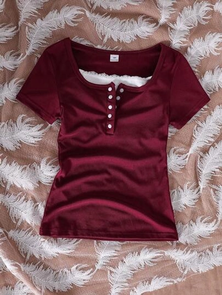 Tween Girls French Vintage Square Neck Ribbed Fitted Short Sleeve T-Shirt, Summer, Casual, Outfit, Comfortable, Daily, Minimalist, Vacation, Cute, Y2K - Size 12Y