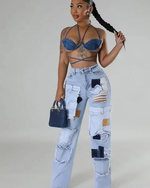 Women Streetwear Cargo Straight Denim Pocket Patchwork Wide Leg Jeans Pants Fall Fashion Ripped Out Party Trousers - AliExpress 200000345