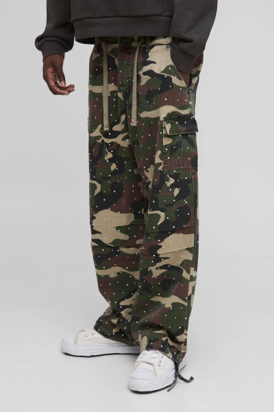 Relaxed Rhinestone Camo Cargo Pants | boohooMAN USA