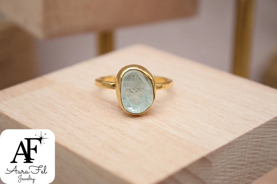 Raw Aquamarine Ring, Handmade 925 Sterling Silver Gold Plated Jewelry, Rough Gemstone Ring, Dainty Minimalist Gift, March Birthstone