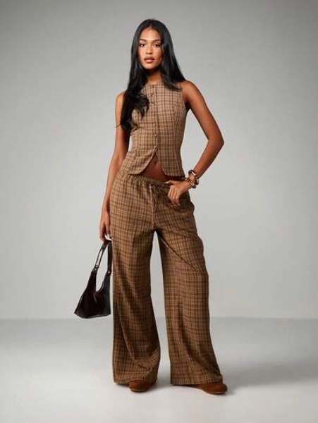 MISSGUIDED Plaid Two Piece Coordinated Set Button Front Vest With Wide Leg Palazzo Pants Fall Business Casual Outfit
