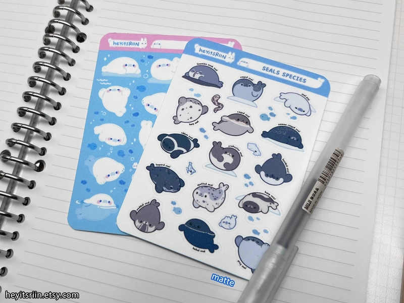 Cute Seal Sticker Sheet – Kawaii Animal Stickers | Different Species Seals | Matte & Glitter Finish | Scrapbook, Journal, Planner