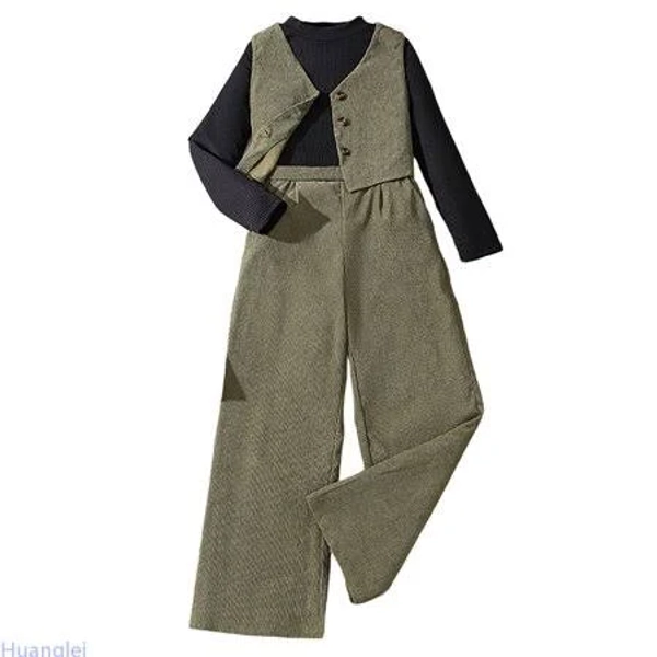 Huanglei Fashionable Kids Girls Outfits Long Sleeve Knit Ribbed Tops Vest Wide Leg Pants Three Piece Casual Clothes short/Long Sleeve Set ,9-10 Years
