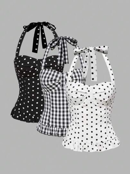 ROMWE Avant Women's Romantic Vacation Style Polka Dot & Plaid Backless Halter Neck Tank Top Sets