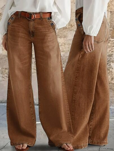 New Vintage Washed Wide Leg Casual Jeans For Women, Brown - High Quality, Fashionable And Comfortable