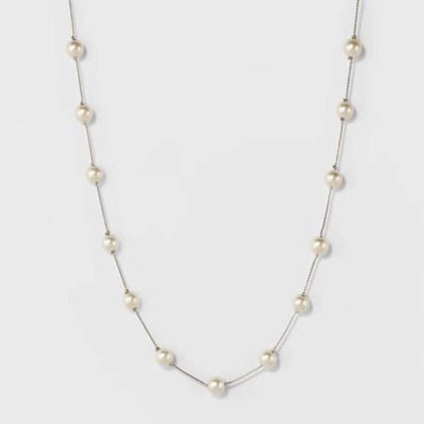 Short Faux Pearl Chain Necklace - A New Day™ Silver: Lobster Claw Clasp, Glass Brass Zinc, 18" with 3" Extender
