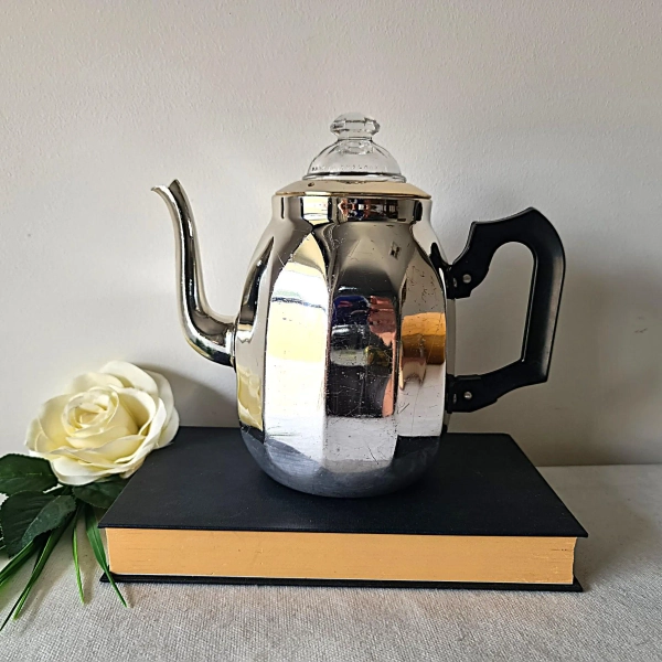 Silver Tea Pot, Vintage Alluminium & Glass Lid Teapot Black Plastic Handle, Kitchen Home Decor, Made in England