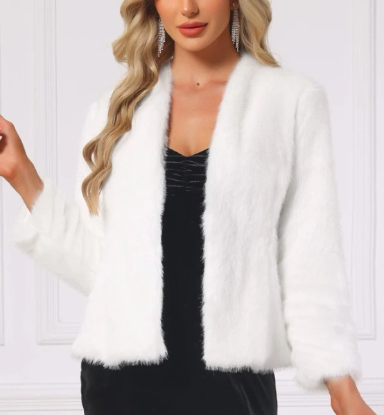 Allegra K Faux Fur Long Sleeve Open Front Wedding Fluffy Coat
