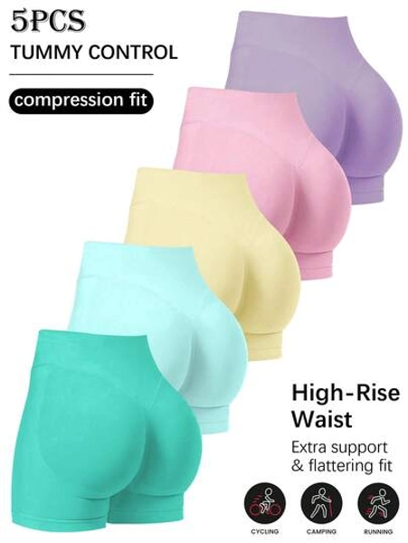 5pcs Women's Casual Sports Shorts, Minimalist Versatile Suitable For Outdoor Activities And Daily Commute - Size M