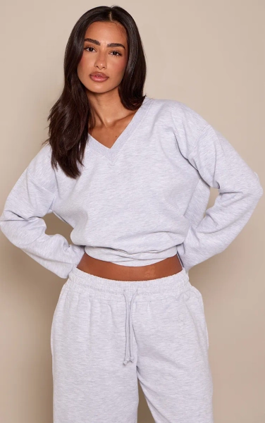 Petite Ash Grey V Neck Long Sleeve T-Shirt