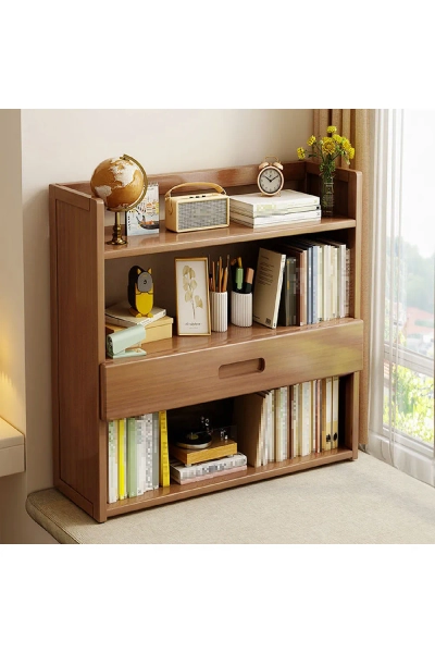 4-tier Wooden Table Top Storage Rack Holder Bookshelf with Drawer
