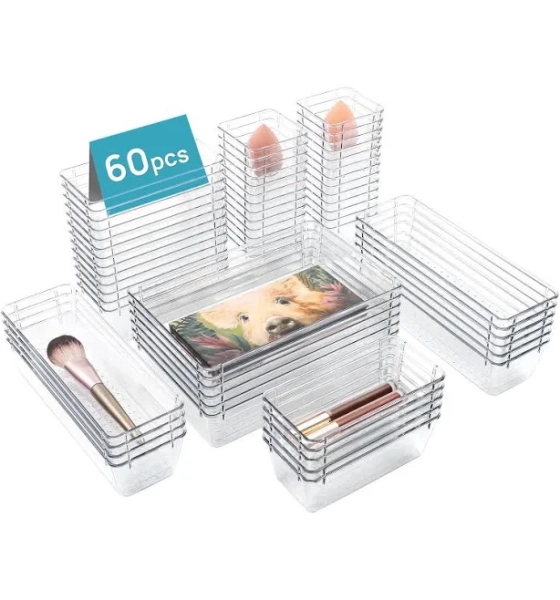 Vtopmart 60pcs Drawer Organizer Clear Plastic Storage Bins 4 Sizes