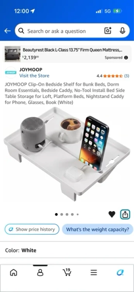 Amazon.com: JOYMOOP Clip-On Bedside Shelf for Bunk Beds, Dorm Room Essentials, Bedside Caddy, No-Tool Install Bed Side Table Storage for Loft, Platform Beds, Nightstand Caddy for Phone, Glasses, Book (White) : Home & Kitchen