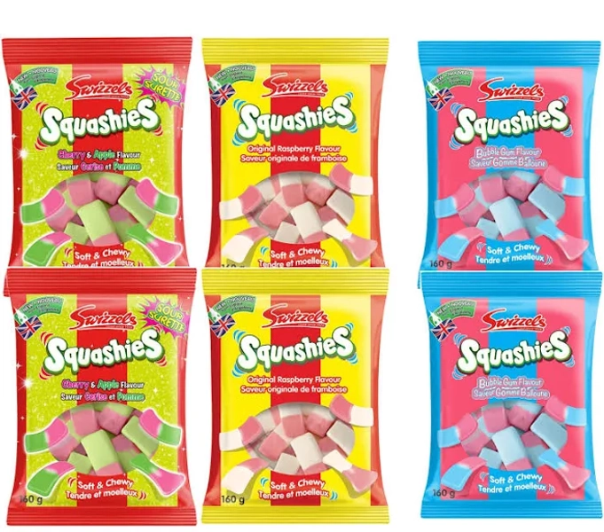 Squashies Candy Bundle Variety Mix of 6 Bags (160 gram/bag)- Cherry & Apple, Raspberry, Bubble Gum Flavors