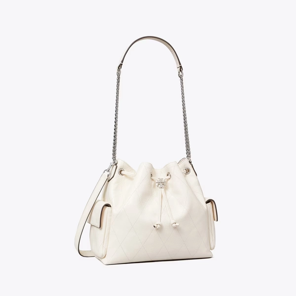 Charlie Quilted Drawstring Shoulder Bag in white, size OS