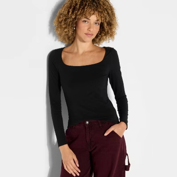Women's Long Sleeve Square Neck T-Shirt - Wild Fable™ Black M