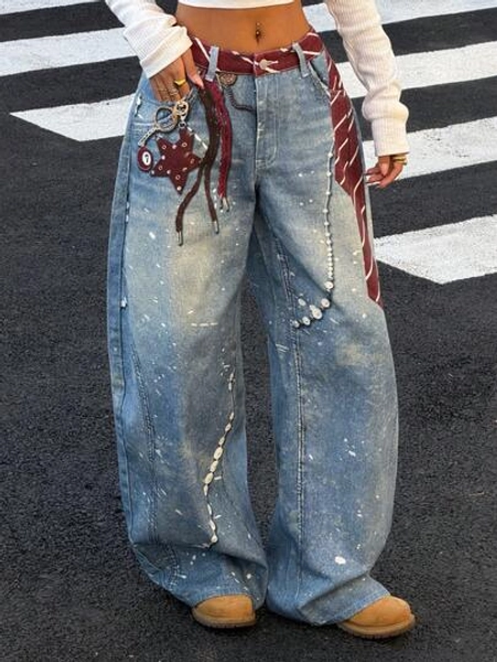 Muchica 2025 Women's Pocket Chain Print Loose Wide-Leg Jeans,Aqua Blue,Autumn,Streetwear,Everyday Casual Versatile Denim For Christmas Party & Halloween - Size 25